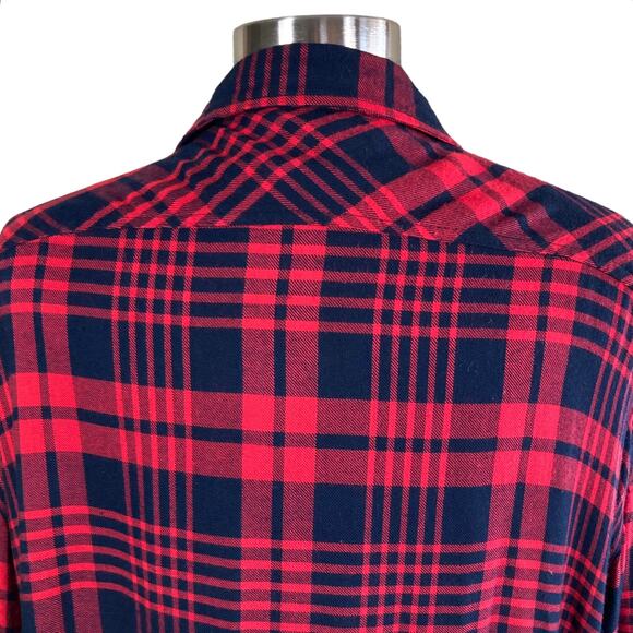 Umgee Red & Black Flannel Shirt Tunic with Fringed Hem Sz MED Oversize Casual - Picture 4 of 9